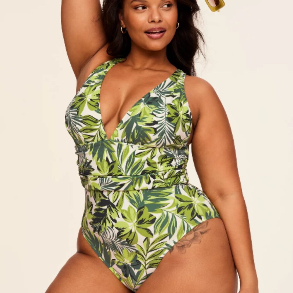 NWT Adore Me Swimwear Monroe Contour Plus, 1X, Green Tropical Print